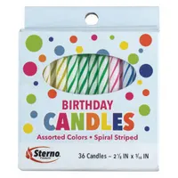 Wax birthday candles in assorted colors with white light. Each candle measures 2 1/4 inches in overall height and width. Suitable for use on celebration cakes and other festive desserts
