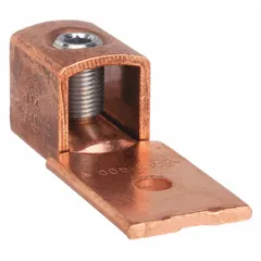 Straight mechanical lug for terminating stranded copper wire. Unplated copper construction. Accepts wire sizes from 1/0 AWG to 500 kcmil. Features a 13/32 in stud size and slotted head. Suitable for power distribution and industrial electrical connections.