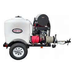 This SIMPSON hot water pressure washer is a heavy-duty, cart-style unit with direct drive and diesel power. It is designed for industrial cleaning tasks such as removing grease, oil, and grime from equipment and surfaces. The unit is trailer-mounted for mobility in demanding environments.