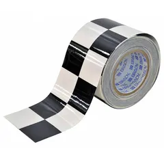 This checkered black/white floor marking tape is made with 8 mil thick polyester backing. It is supplied in a 4 in x 100 ft roll with no message legend. Commonly used to mark aisles, hazard zones, and work areas in industrial facilities for high-visibility warnings and traffic flow guidance.