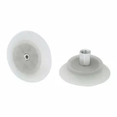This flat vacuum pad assembly is designed for fast-handling applications in food-safe environments. It features a 1/8 in NPT vacuum port, 54.3 mm pad diameter, and 34.2 mm pad height. The clear material construction is suitable for lifting non-porous items such as packaged goods and containers in automated handling systems.