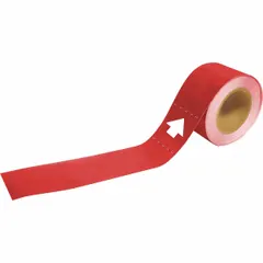 Red vinyl pipe marker with black directional flow arrow. Measures 8 inches wide by 1 inch long on an 8-inch-wide roll. Non-reflective. Used to indicate flow direction in industrial piping systems.