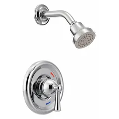 This shower faucet with fixed showerhead is constructed from brass with a chrome finish. It features a single handle for temperature and flow control. The fixed showerhead delivers a flow rate of 1.75 gpm. Suitable for residential and commercial bathroom installations.