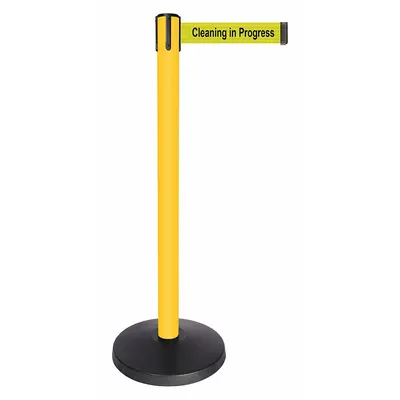 QUEUEWAY Barrier Post with Belt: Yellow, No Pattern, Cleaning in Progress, 10 ft Belt Lg - Message Retractable Belt Post Barriers