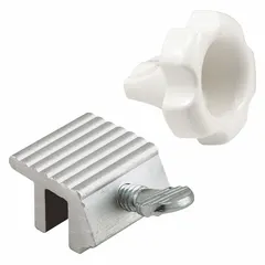 This non-handed clamp lock is designed for sliding windows, mounting on the sash to secure the window in a closed position. It includes a handle and features a silver painted finish. The overall length is 1 31/32 inches. Suitable for residential or light commercial sliding window applications.