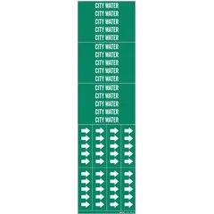 Green adhesive pipe marker with white legend reading 'City Water' for pipes with outside diameter of 3/4 inch and smaller. Each set includes three markers without arrows. Used to identify city water lines in industrial and commercial piping systems.