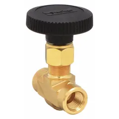Brass straight-body needle valve with integral bonnet and regulating stem. 1/4 in pipe size, female NPT connections on both sides. Designed for oil media. Complies with ISA S75.02. Used for precise flow regulation in hydraulic and lubrication systems.