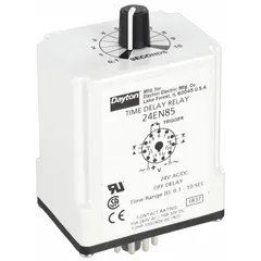 Socket-mounted time delay relay with 11 pins/terminals, rated 10 A at 24 V AC/DC. Used in industrial control panels for delaying switching actions in applications such as HVAC, conveyor systems, and pump sequencing.