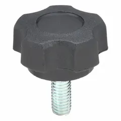 This 5-arm knob with threaded stud is constructed of plastic with a steel thread insert. It features a 3/8"-16 thread size and a 1 in thread length. Commonly used for manual clamping, positioning, and adjustment on industrial machinery, jigs, and fixtures.
