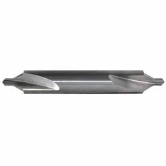 Double-end bell-tip center drill with a 60° point angle and 2-3/4" overall length. Made from AlTiN-coated carbide for wear resistance. Used to create precise conical starting holes for lathe centers or subsequent drilling operations in metalworking.