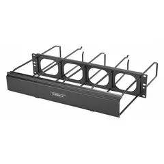 This 1U horizontal ring-style cable manager is constructed from steel with a black finish. It features a single-sided design for routing and organizing patch cables in network racks, helping to reduce strain on connections and improve airflow.