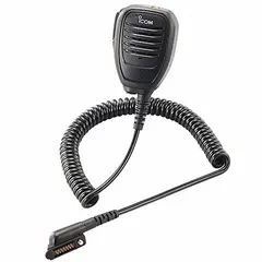 Black speaker microphone with 14-pin connector and push-to-talk button. Features a 3.5 mm audio jack. Compatible with ICOM F3400D, F4400D, F52D, F62D, IP730D, and IP740D series radios. Used for clear audio communication in two-way radio applications.