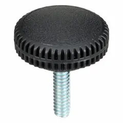 Knurled knob with a plastic body and a steel threaded stud. Features a 0.75 in diameter, #10-24 thread size, and 0.75 in thread length. Used for manual adjustment and clamping on machinery, jigs, and fixtures.