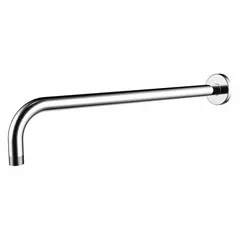 This wall-mounted shower arm is constructed of metal with a polished chrome finish. It features an NPT connection type and is designed for use with rain showerheads in bathroom installations.