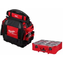 This tool tote is constructed of polyester in black/red. It measures 10 inches wide by 16 inches deep by 19 3/4 inches high and includes a removable shoulder strap. Designed for carrying and organizing hand tools, power tools, and accessories on job sites.