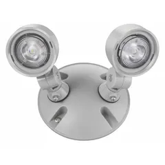 Plastic remote head for wet locations, ceiling or wall mount, with two 1 W LED lamps at 3.6 V. Adjustable head allows directional light. Gray housing, compatible with ECBRM model.