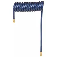 This polyurethane coiled air hose assembly has a 3/8 in inside diameter and a blue polyurethane cover. It is fitted with brass MNPT x MNPT fittings sized 3/8 in x 3/8 in. The assembly supplies compressed air to pneumatic tools and industrial equipment in workshops and maintenance bays