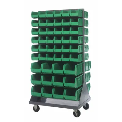 QUANTUM STORAGE SYSTEMS Mobile Louvered Floor Rack: 36 in x 24 in x 72 in, 96 Bins Included - Vertical Mobile Louvered Racks with Bins