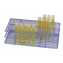 This steel test tube rack is designed for benchtop use in laboratory settings. It features 108 compartments to hold up to 108 tubes, with a blue finish. Overall dimensions are 7 1/2 inches wide and 3 1/2 inches high.