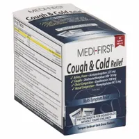 MEDIQUE Cough and Cold Reliever is a regular-strength tablet containing Acetaminophen (325 mg), Dextromethorphan HBr, Guaifenesin, and Phenylephrine HCl. It is unflavored and supplied in individually dosed packets within a box for convenient single-dose administration. This product is used for temporary relief of cough, cold, and congestion symptoms
