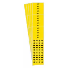 Yellow background with black legend and arrows. Hot adhesive type for pipes with outside diameter of 3/4 inch and smaller. Each pack contains 3 pipe markers, sold in a 5-pack. Used to identify pipes carrying hot substances, indicating flow direction.