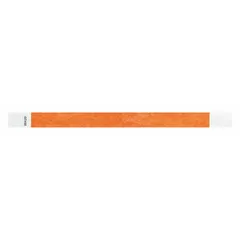 Tyvek security wristband in orange, 10 inches long and 3/4 inch wide, supplied in a pack of 500. Suitable for access control, event management, and patient identification where a tamper-evident, lightweight band is required.