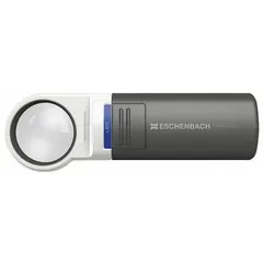 Handheld magnifier with 10X magnification and integrated LED illumination. Features a 35 mm lens diameter and 1.05 in focal distance. Suitable for close inspection of fine details in industrial quality control, electronics repair, and precision assembly.