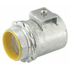 Steel straight saddle connector for terminating flexible metal conduit. Insulated design protects conductors. UL Listed. 3-inch trade size.
