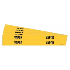 Yellow adhesive pipe marker with black 'Vapor' legend for identifying vapor lines. Fits pipe outer diameters from 3/4 to 2-3/8 inches. Pack includes 4 markers without arrows. Suitable for industrial piping systems requiring clear pipe identification.