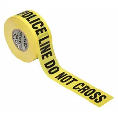Polyethylene barrier tape with black 'Police Line Do Not Cross' legend. Measures 3 inches wide by 1000 feet long. Used by first responders to secure perimeters at incident scenes, providing clear visual deterrence and crowd control.