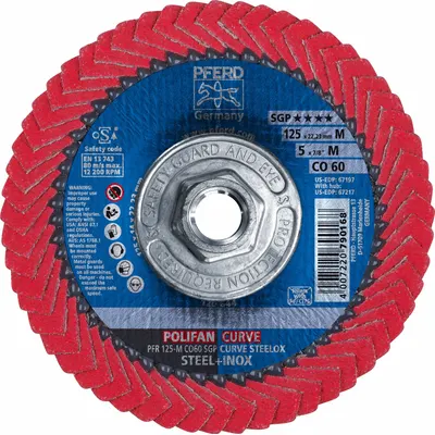 PFERD Flap Disc: Radial, 5" x 5/8"-11, Ceramic, 60 Grit, Fiberglass Bk, Std Density - Cool-Cutting Flap Discs for Carbon & Stainless Steel