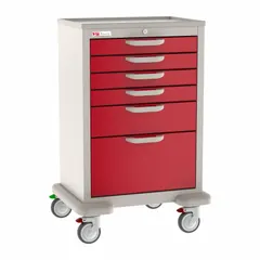 This steel general medical supply cart features a taupe cabinet with red drawers and is equipped with two swivel casters and two swivel casters with brakes. It is designed for organized storage and mobile transport of medical supplies in clinical environments.