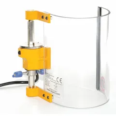 Aluminum/polycarbonate drill press guard with safety-interlock switch. Guard height 7 3/4 in, width 4 3/4 in. Curved design with polycarbonate window for impact resistance. Includes mounting bracket for installation on small drill presses.