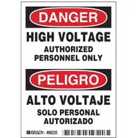 Polyester adhesive signs, 5-pack, each 5 in x 3 1/2 in nominal size, 0.01 in thick. Not retroreflective, not glow-in-the-dark, no anti-slip surface. Used to warn of high voltage hazards in industrial settings, mounted on equipment or panels