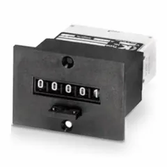 Front-panel-mounting electromechanical counter with dimensions 1 5/8 in x 2 1/4 in. Operates on 90 V DC to 110 V DC at 10 counts per second. Complies with REACH standards. Used for counting cycles, events, or production quantities in panel-mounted industrial control applications.