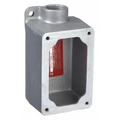This 1-gang iron electrical box is designed for hazardous locations, featuring a dead end hub type with a 3/4-inch hub size. The overall height is 6 1/8 inches. It provides a robust enclosure for wiring connections and conduit termination in industrial environments.