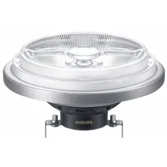 This PHILIPS AR111 LED lamp operates at 12V AC with a power consumption of 20W, equivalent to a 100W incandescent. It features a clear finish, 3000K color temperature, and is shatter-resistant. Suitable for accent and display lighting in track or recessed fixtures.