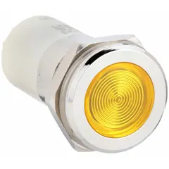 Yellow LED pilot light with flush head and H16 profile for 16 mm panel mounting holes. Electrical connection via 0.11 male quick disconnect. Used to indicate machine status, alarm conditions, or operational states on industrial control panels and automation equipment.