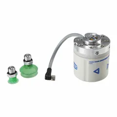 Vacuum gripper integration kit for OMRON collaborative robots. Includes one mounting flange. Rated at 0.30 A with a maximum flow rate of 1.6 lpm. Used for automated pick-and-place, assembly, and material handling in industrial robotics.