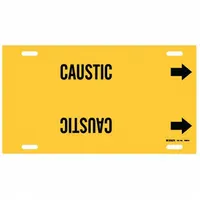 Yellow pipe marker with black legend text identifying caustic contents. Fits pipe outer diameters from 8 to 9-7/8 inches and includes directional arrows. Used for hazard communication in industrial piping systems
