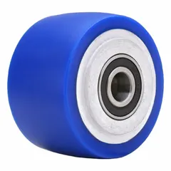 This HAMILTON caster wheel features a blue polyurethane tread on a steel core with an Ergo-Glide tread shape. It has a 3-1/2 in diameter, 2 in width, and a 550 lb load rating. Suitable for material handling carts and light industrial equipment requiring quiet, floor-friendly mobility on hard surfaces.
