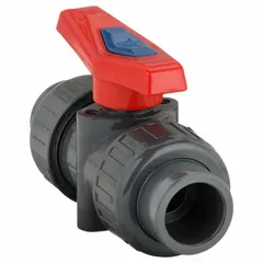 This 3/4 in PVC ball valve features a straight body with socket x FNPT connections and a standard port. It is used for manual on/off flow control in industrial piping systems handling water, chemicals, or corrosive fluids.