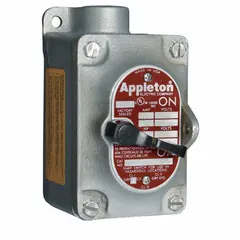 This one-gang front lever tumbler switch is a 2-pole, 20 A, 277 V AC device with a dead-end hub and 1/2 in hub size. It is used for on/off control of lighting and equipment in industrial environments where robust switching is required. The dead-end hub simplifies conduit installation, making it suitable for branch circuit control in plants and processing facilities.