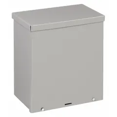 WIEGMANN RSC081004 is a NEMA 3R rated steel enclosure measuring 10 x 8 x 4 inches. It features a solid painted screw-on cover, pre-punched knockouts, and a padlock hasp for secure closure. Suitable for protecting electrical components in outdoor applications where protection against rain, sleet, and ice formation is required.