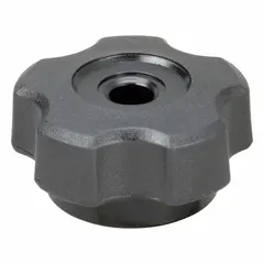 Five-arm snap-lock knob with a 1.72 in diameter and 1/4"-20 thread. Plastic body with steel thread insert. Used for manual adjustment and locking on machinery, jigs, and fixtures.