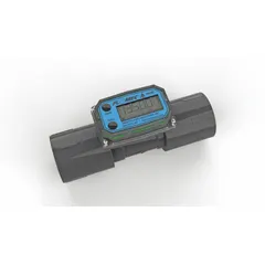 This inline turbine flow meter with digital totalizer is designed for water flow measurement. It features a 1 1/2 in FNPT connection, PVDF rotor, and accuracy of +/-3%. The unit provides a 4-20 mA output and displays flow in gallons. Operating temperature range is 32°F to 140°F.