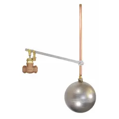 This float valve assembly automatically controls water level in tanks, reservoirs, and cooling towers. It features a straight bronze valve body with female NPT inlet and outlet connections, designed for horizontal piping mounting. The assembly includes an adjustable arm, rod, and float, delivering 50 gpm at 60 psi for water media.