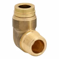 This brass adapter elbow features a push-to-connect fitting on one end for 3/8 in OD tubing and a male NPT thread on the other. It is used in pneumatic systems, air brake lines, and industrial fluid handling for quick, leak-free connections.