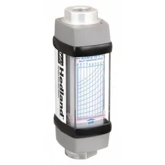 This HEDLAND flowmeter is a scale-type, variable area inline meter for air and compressed gases. It provides direct flow indication in gallons with +/-2% accuracy. The unit features Viton seals and O-rings and supports universal mounting orientation. It does not include a pressure gauge or flow adjustment knob.