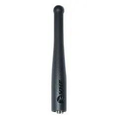 This stubby antenna is designed for Motorola APX portable radios operating in the VHF band from 147 MHz to 160 MHz. With an overall length of 4 1/4 inches, it provides a compact solution for two-way radio communication in environments where a shorter antenna is preferred.